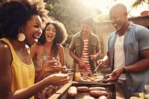group of people smiling at BBQ 